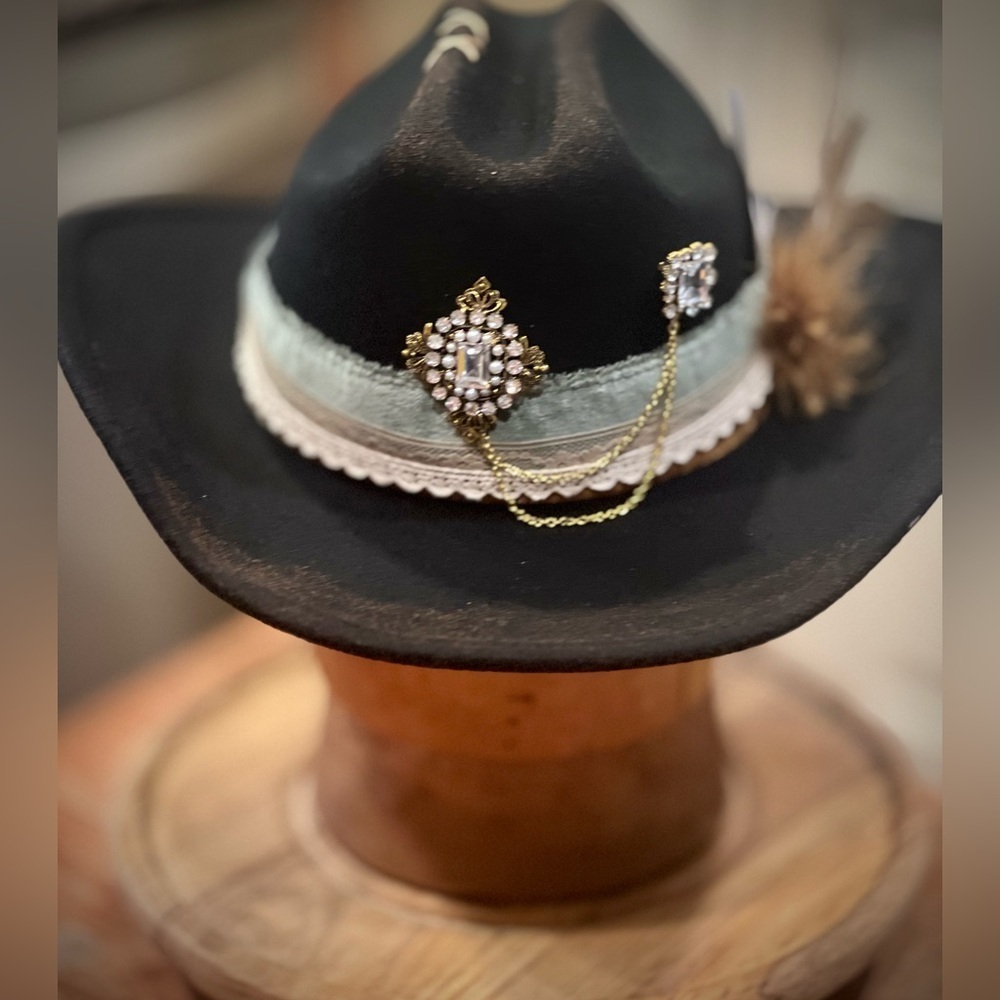 Handmade/Decorated 100% Wool Western Festival Burned Black Hat with Feathers